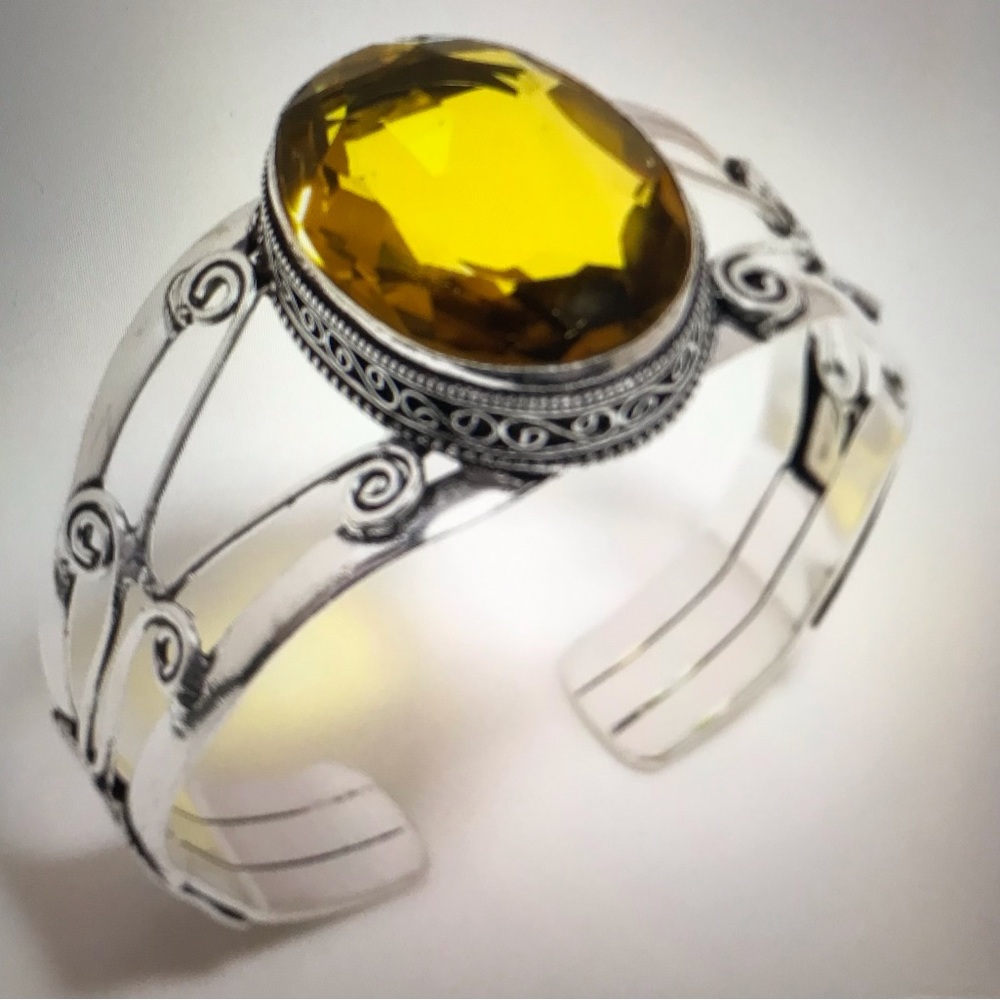 Citrine Stamped 925 Sterling Silver Cuff Bracelet